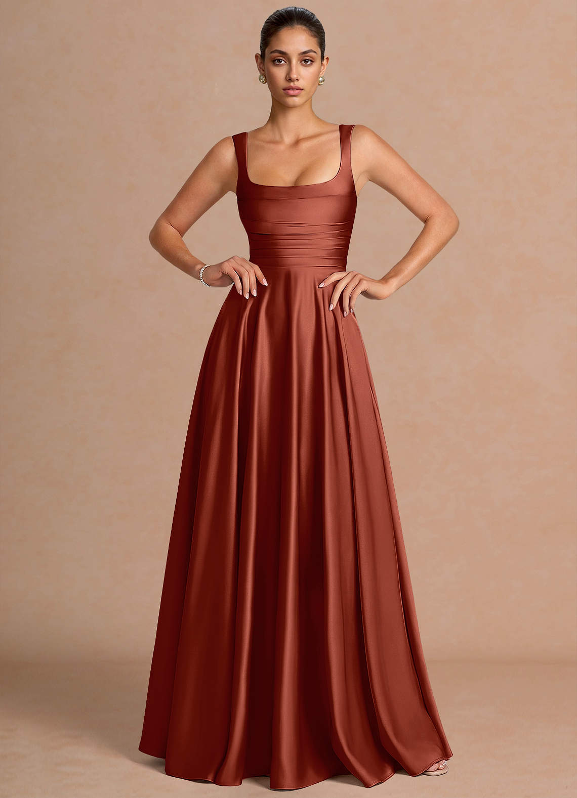 Azaria A-Line Square-Neck Stretch Satin Wedding Guest Dress in Burnt Umber