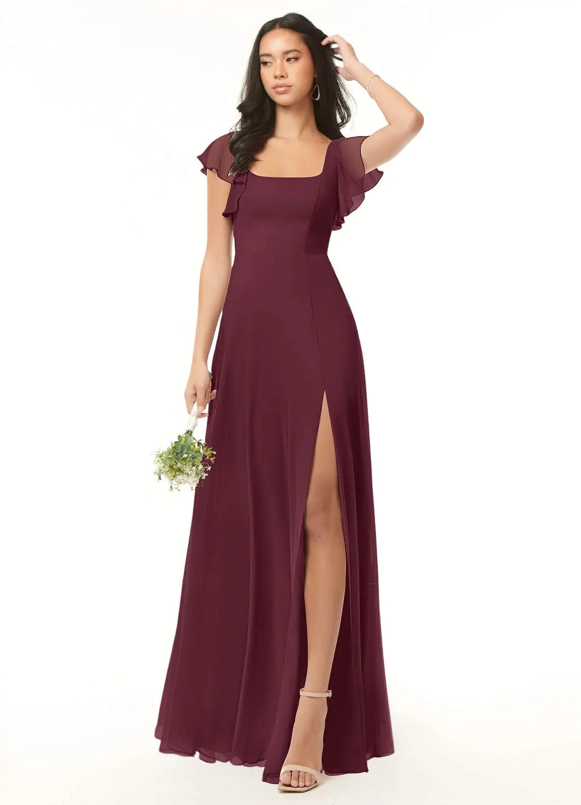 Bondi A-Line Square-Neck Chiffon Bridesmaid Dress in Cabernet