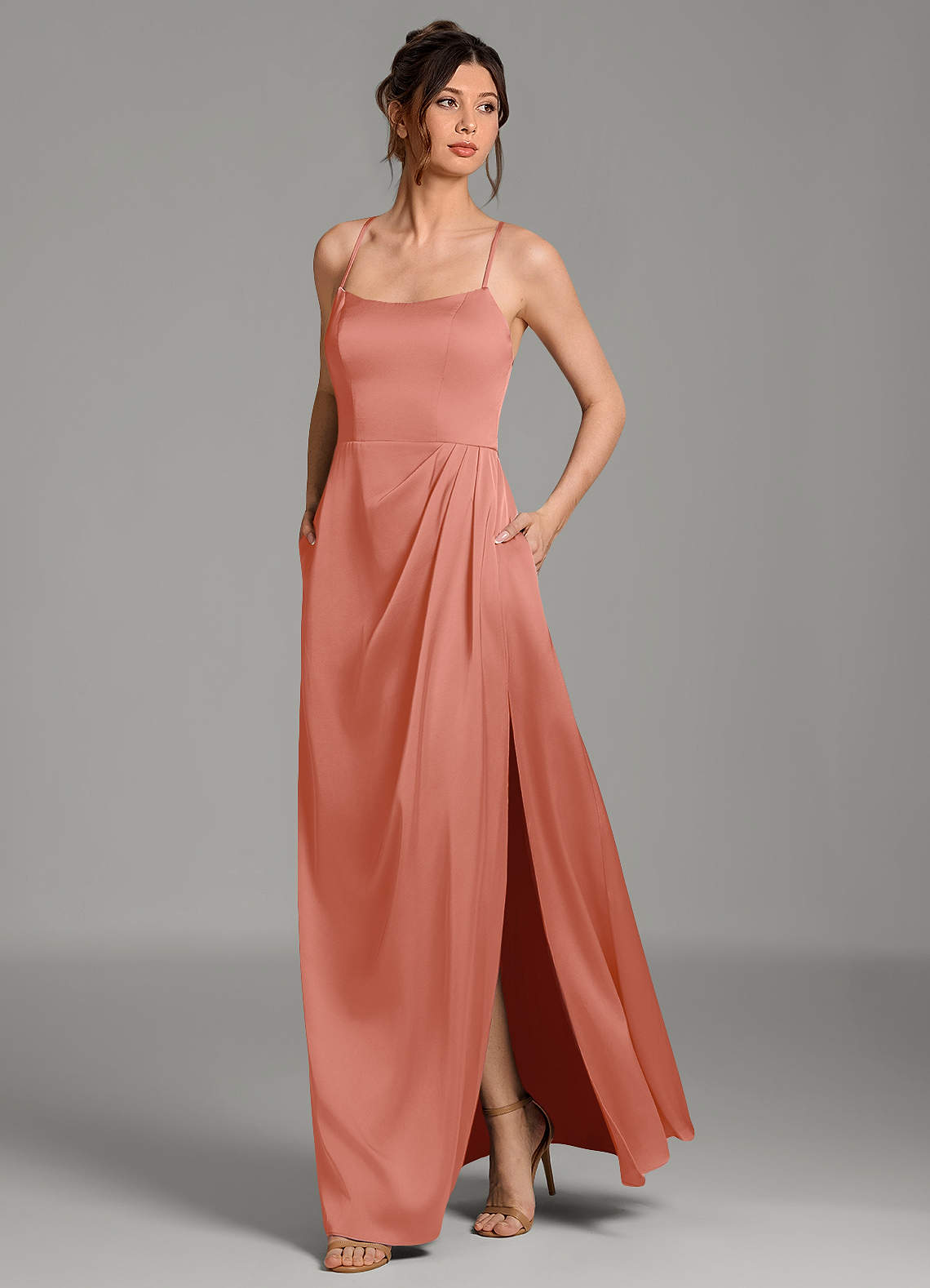 Frankie A-Line Scoop-Neck Stretch Satin Bridesmaid Dress in Salmon Pink