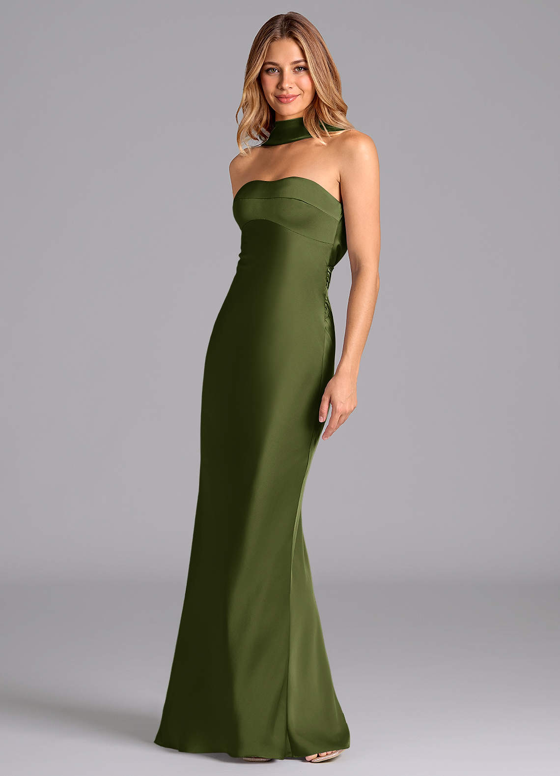 Lusinda Mermaid Strapless Stretch Satin Bridesmaid Dress in Olive