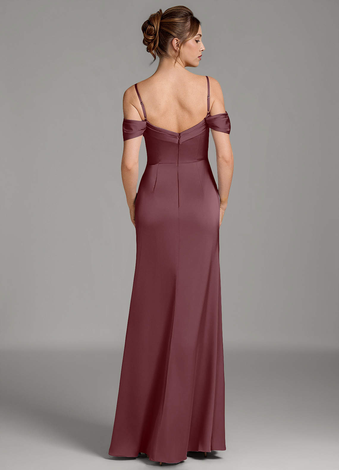 Wyatt Mermaid Off-the-Shoulder Stretch Satin Bridesmaid Dress in Sangria
