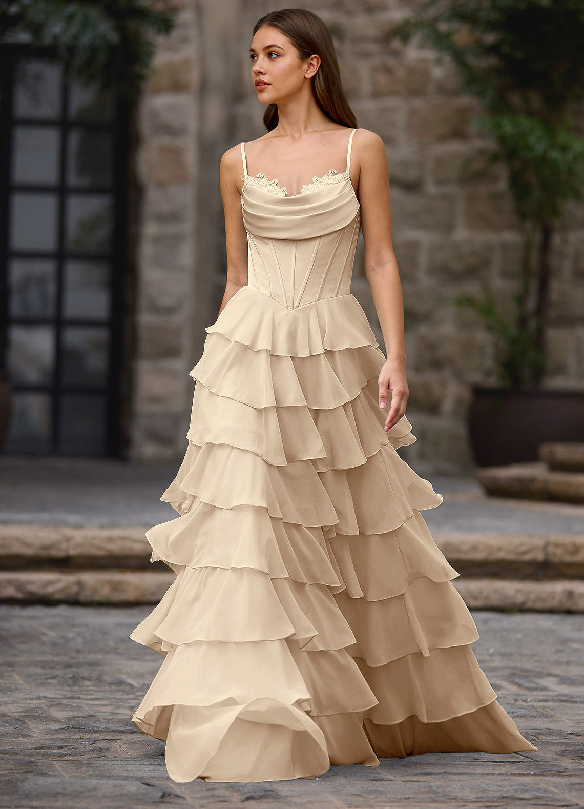 Floralace A-Line Ruffle Chiffon Evening Dress in Champagne