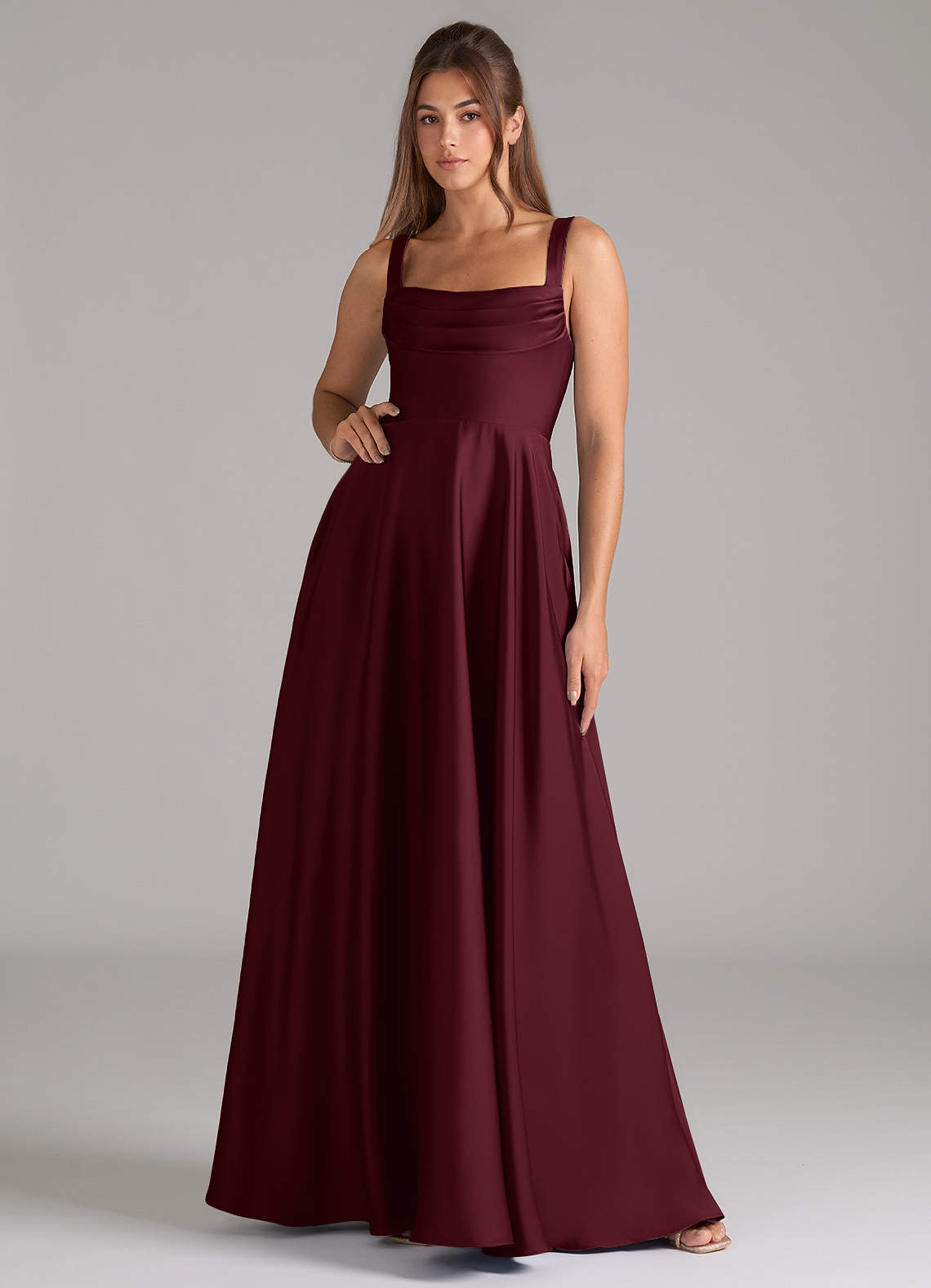 Shaude A-Line Square-Neck Stretch Satin Bridesmaid Dress in Cabernet