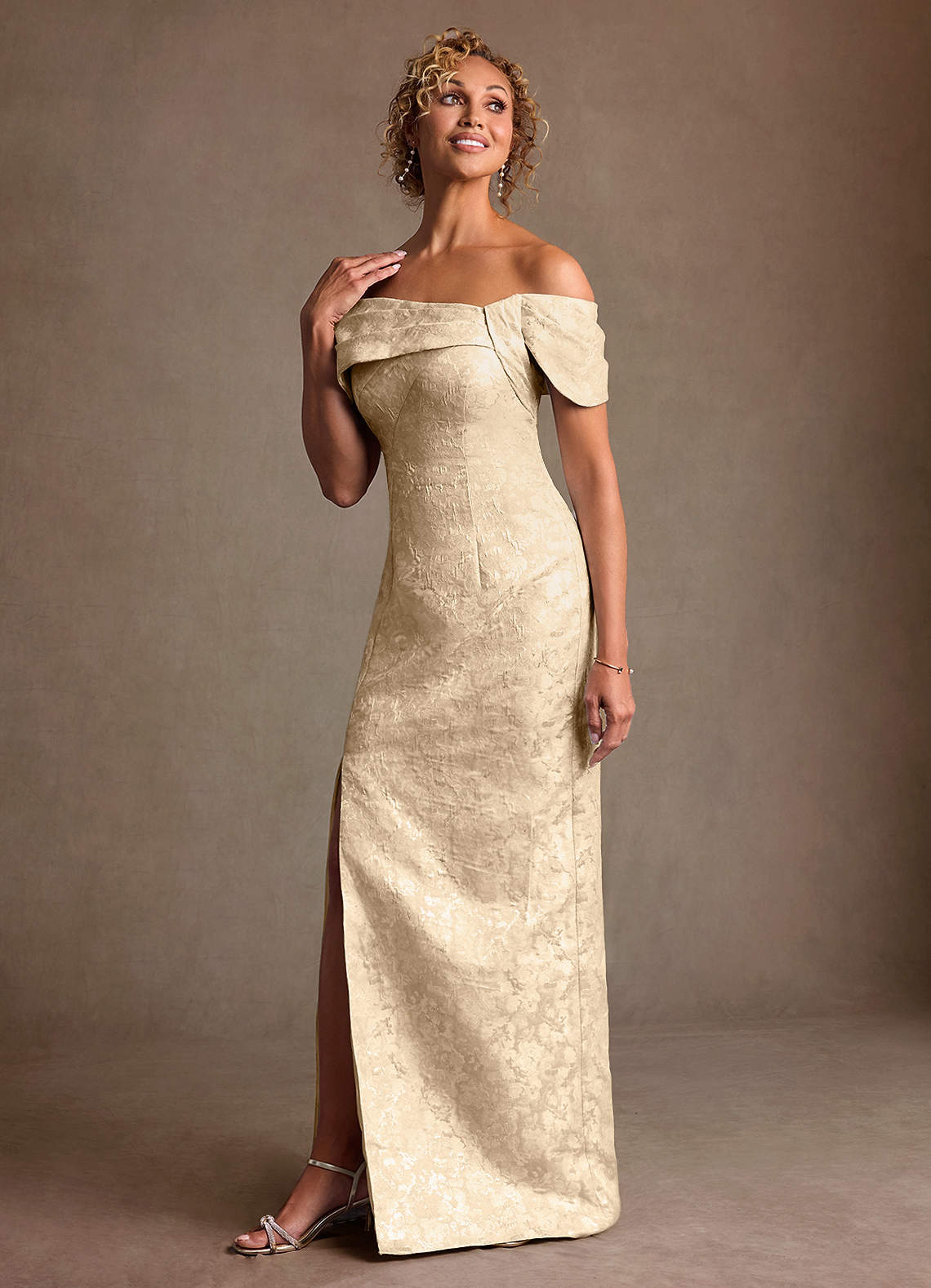 Zion Sheath Off-the-Shoulder Jacquard Mother of the Bride Dress in champagne
