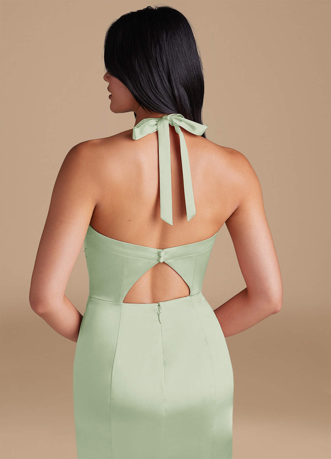 Emeria Sheath Halter Metallic Satin Bridesmaid Dress in Dusty Sage
