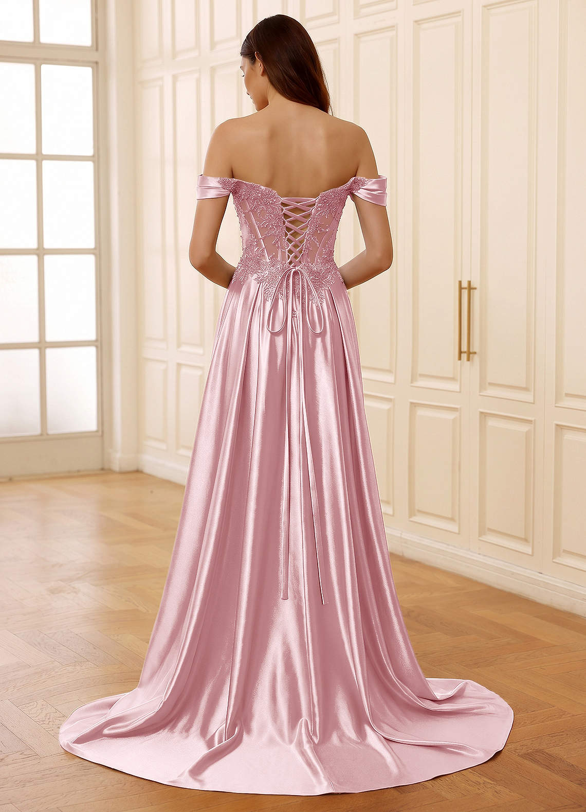 Rowane A-Line Off-the-Shoulder Satin Evening Dress in Blushing Pink