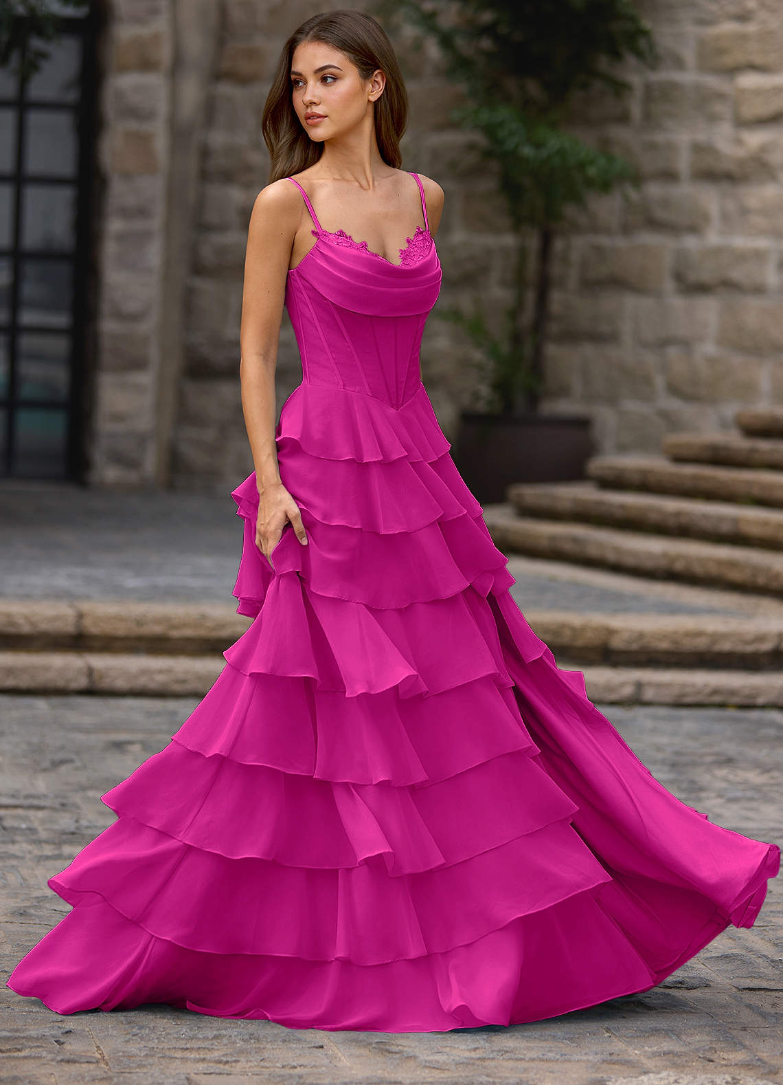 Floralace A-Line Ruffle Chiffon Evening Dress in Hot Pink