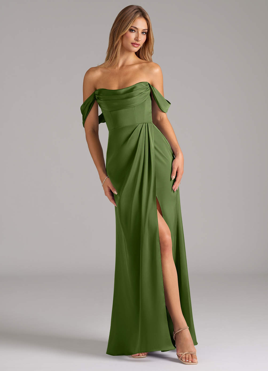 Johana Mermaid Off-the-Shoulder Stretch Satin Bridesmaid Dress in Juniper