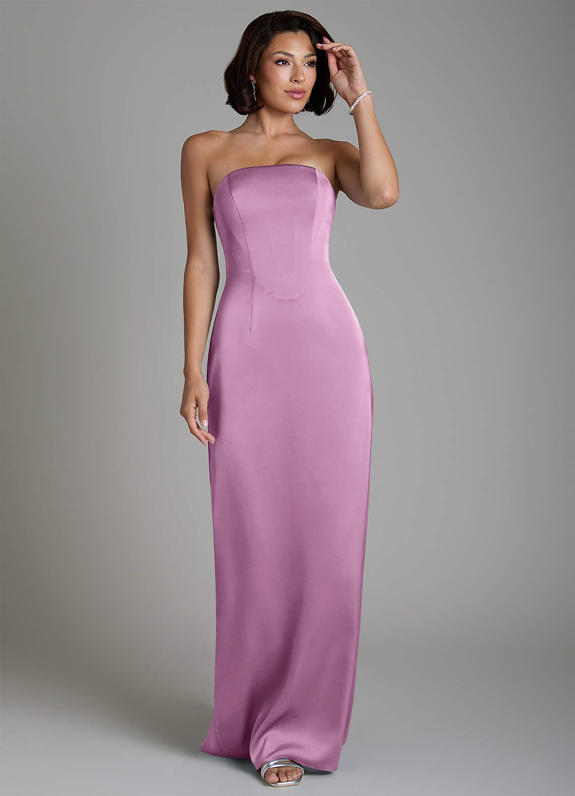Fallyn Sheath Strapless Stretch Satin Bridesmaid Dress in Wisteria
