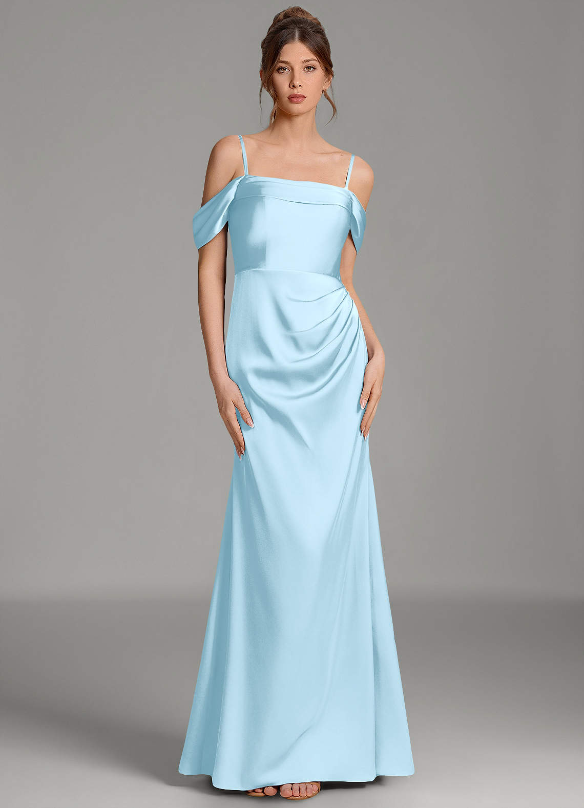 Wyatt Mermaid Off-the-Shoulder Stretch Satin Bridesmaid Dress in Sky Blue