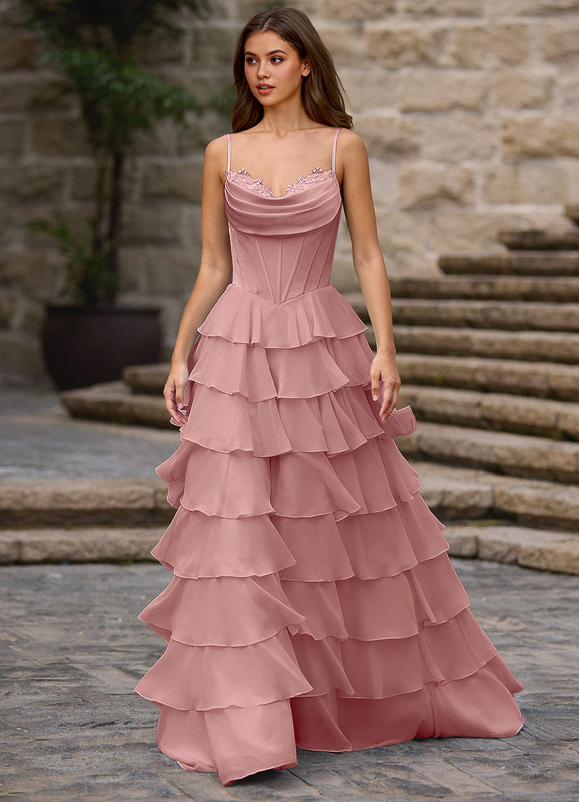 Floralace A-Line Ruffle Chiffon Evening Dress in Light Pink