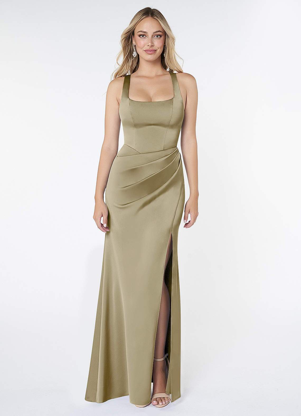 Mero Mermaid Square-Neck Stretch Satin Bridesmaid Dress in Moss Green