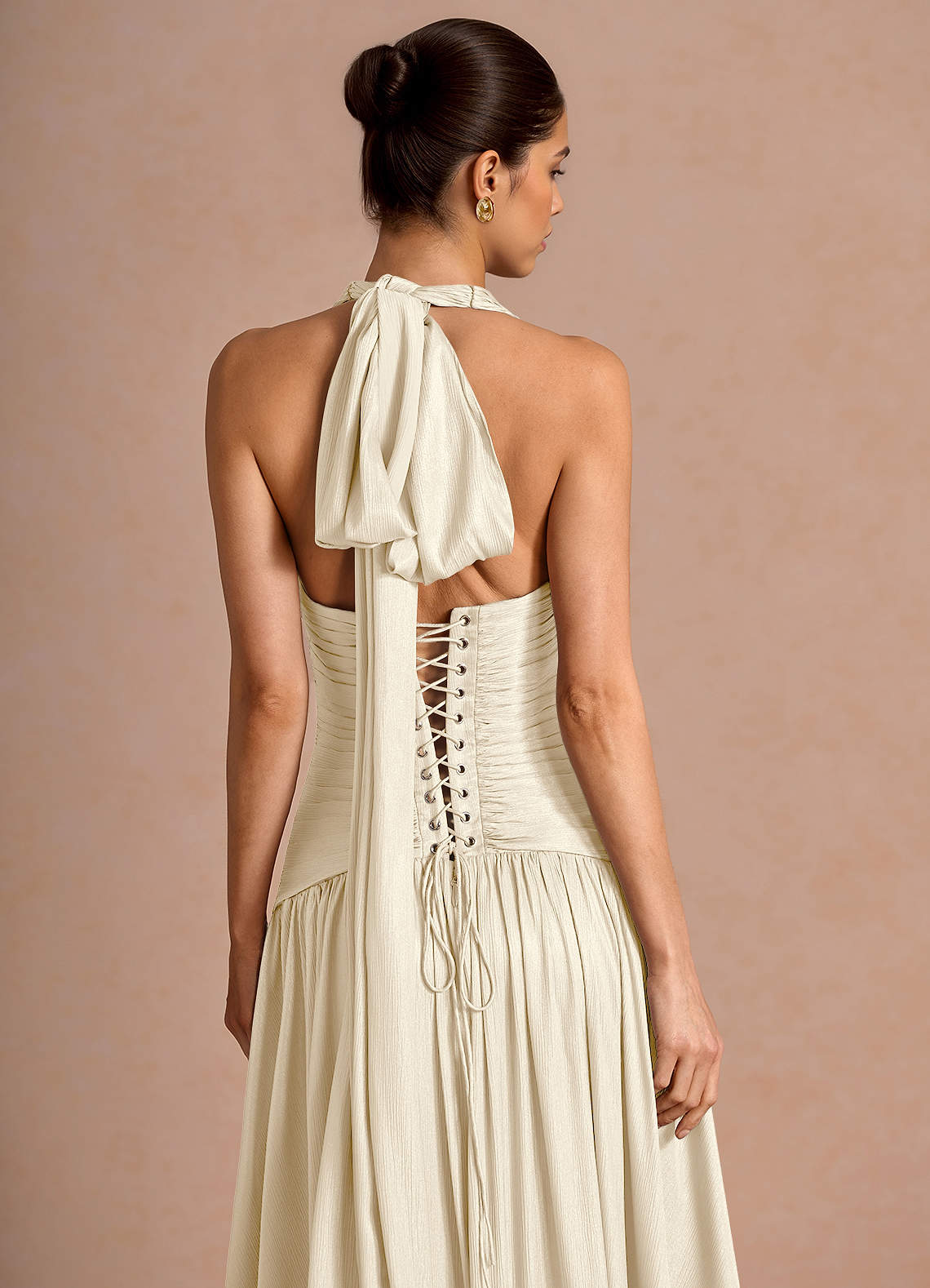 Hecate A-Line Halter Satin-Faced Chiffon Evening Dress in Cream
