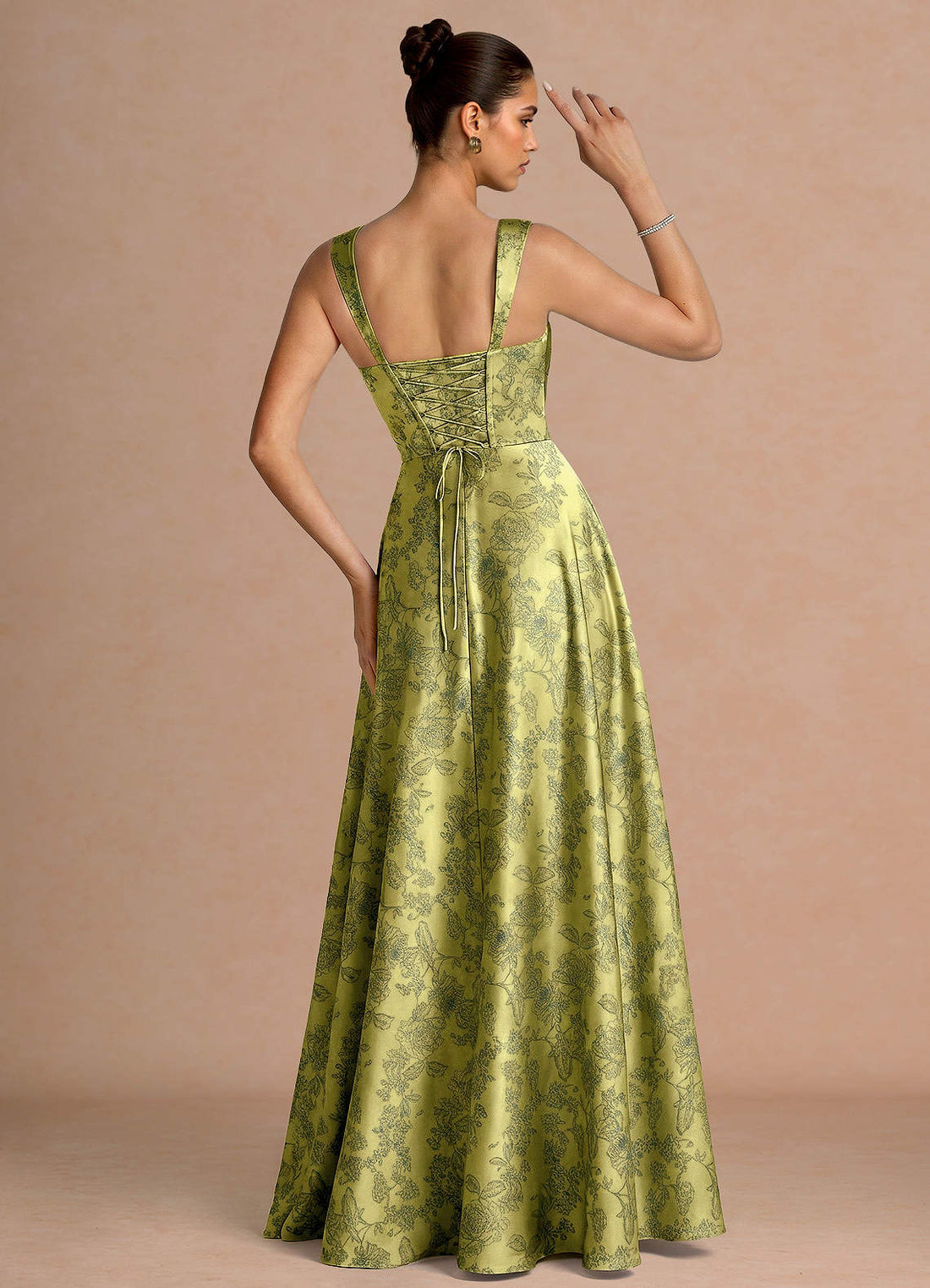 Azaria A-Line Square-Neck Jacquard Evening Dress in Moss Navy