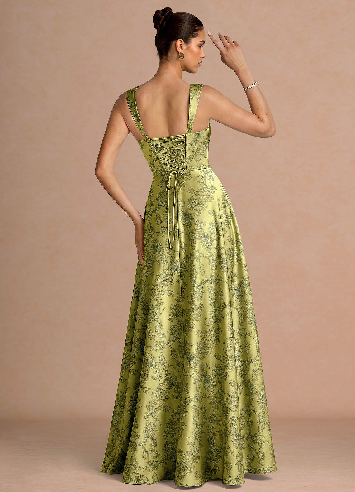 Azaria A-Line Square-Neck Jacquard Evening Dress in Moss Navy