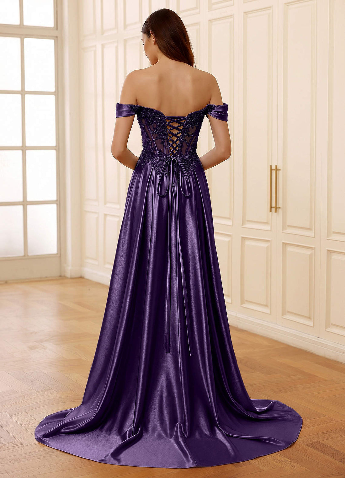 Rowane A-Line Off-the-Shoulder Satin Evening Dress in Plum