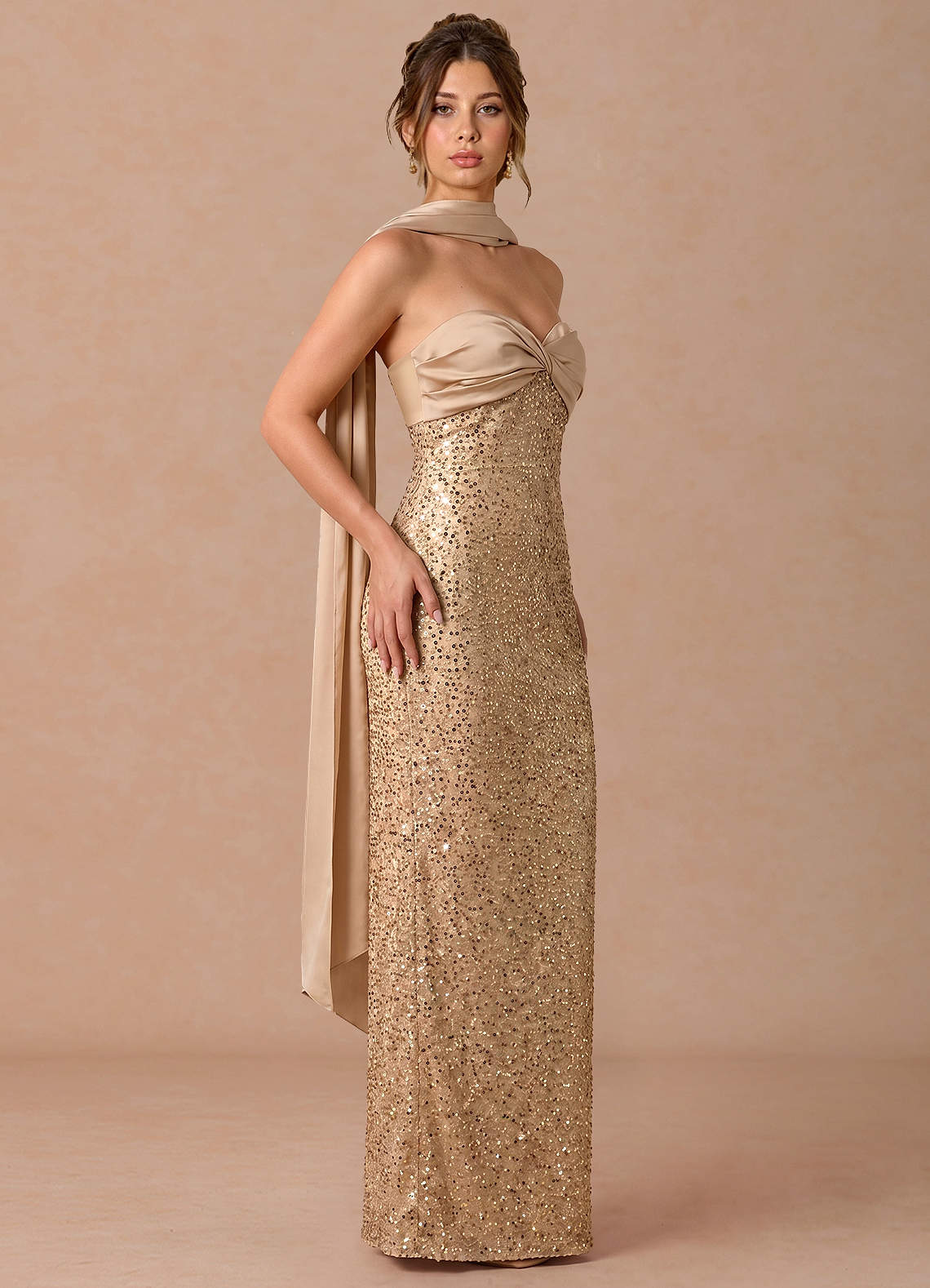 Serelle A-Line Sweetheart Sequin Satin Evening Dress in Gold Champagne
