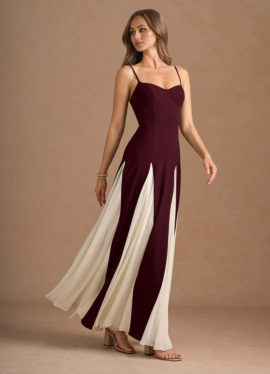 Jessenia A-Line Color-Block Crepe Chiffon Wedding Guest Dress in Wine