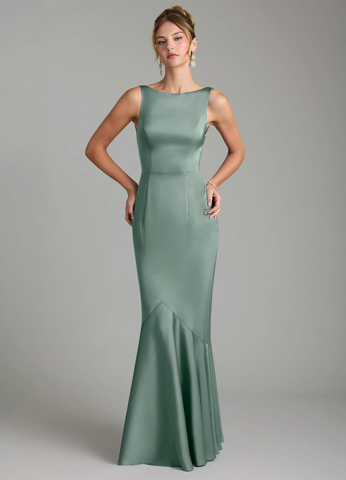 Tamera Mermaid Boat-Neck Stretch Satin and Chiffon Bridesmaid Dress in Silver Sage
