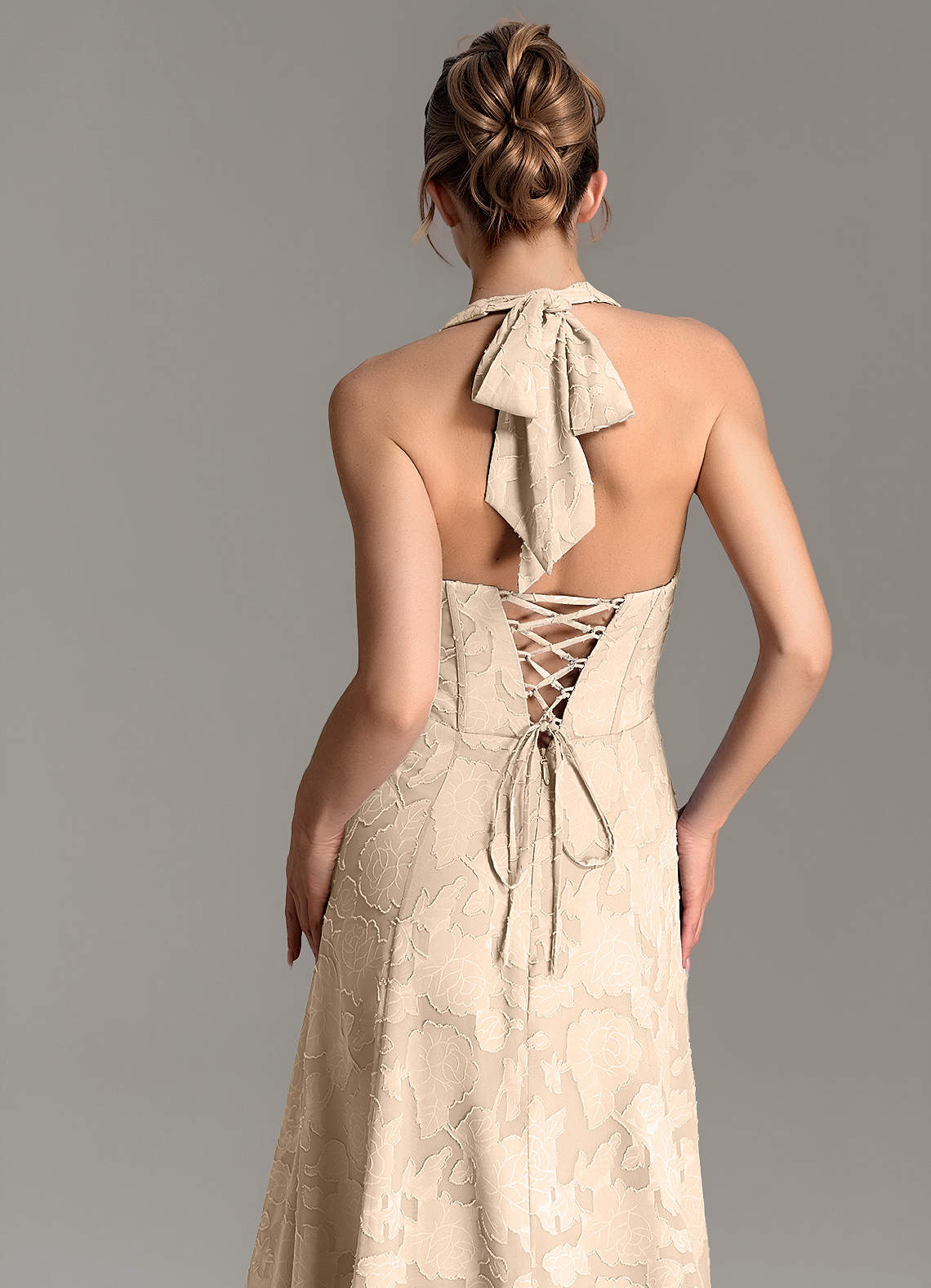 Nia A-Line V-Neck Floral Burnout Bridesmaid Dress in Champagne