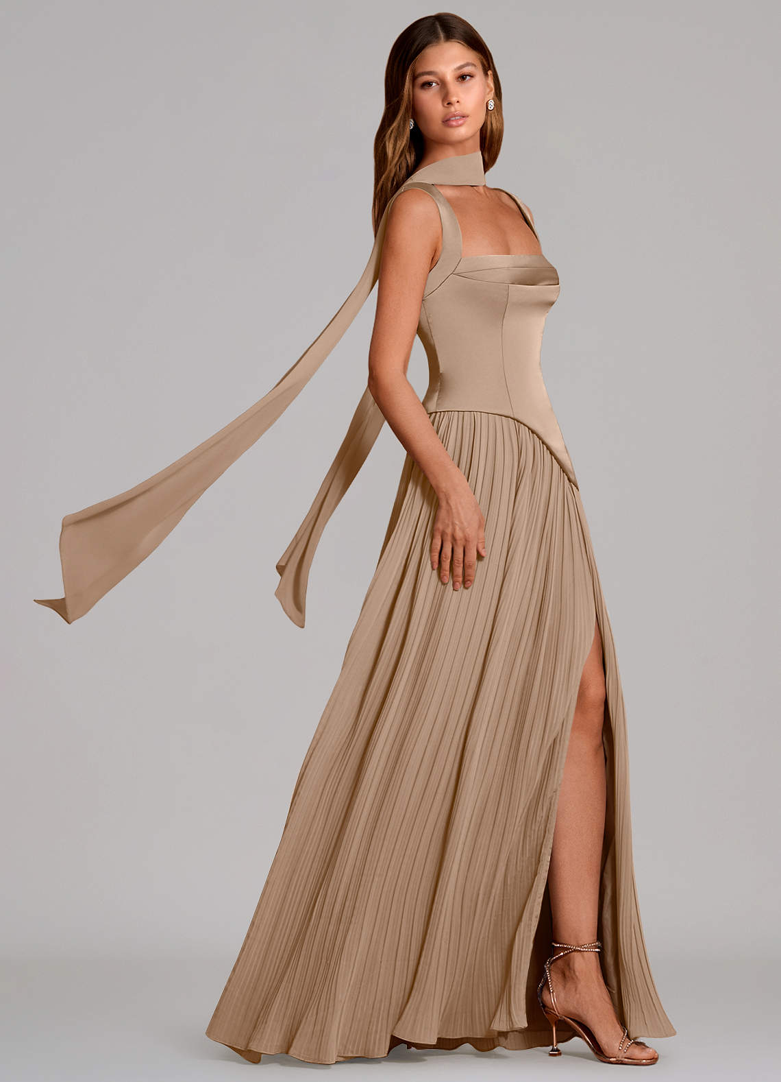 Stephanie A-Line Square-Neck Stretch Satin and Chiffon Bridesmaid Dress in Taupe