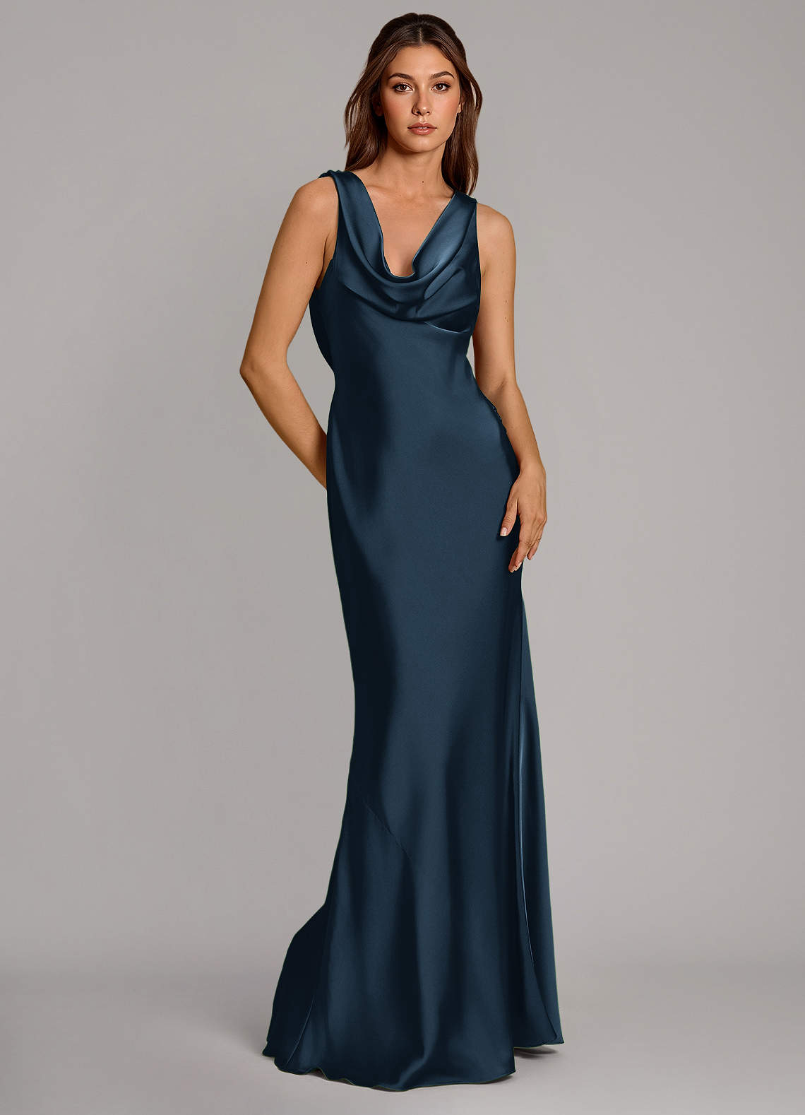 Cheryl Mermaid Cowl-Neck Stretch Satin Bridesmaid Dress in Dark Navy