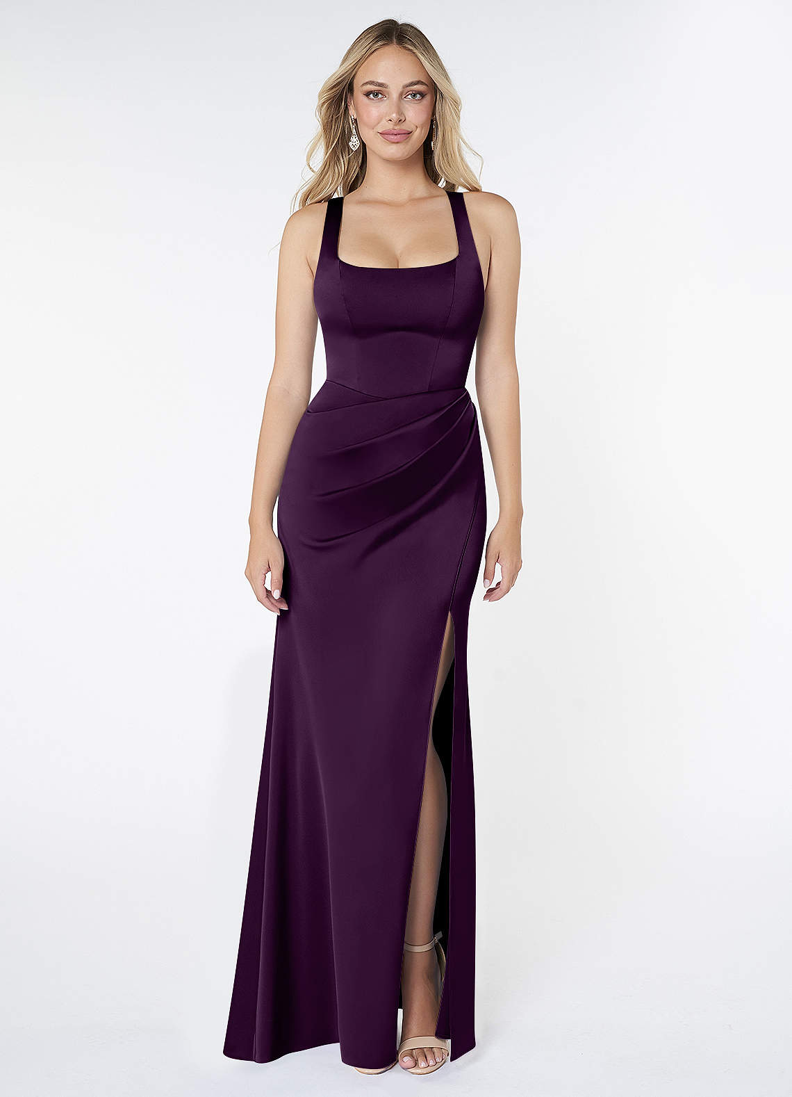 Mero Mermaid Square-Neck Stretch Satin Bridesmaid Dress in Grape