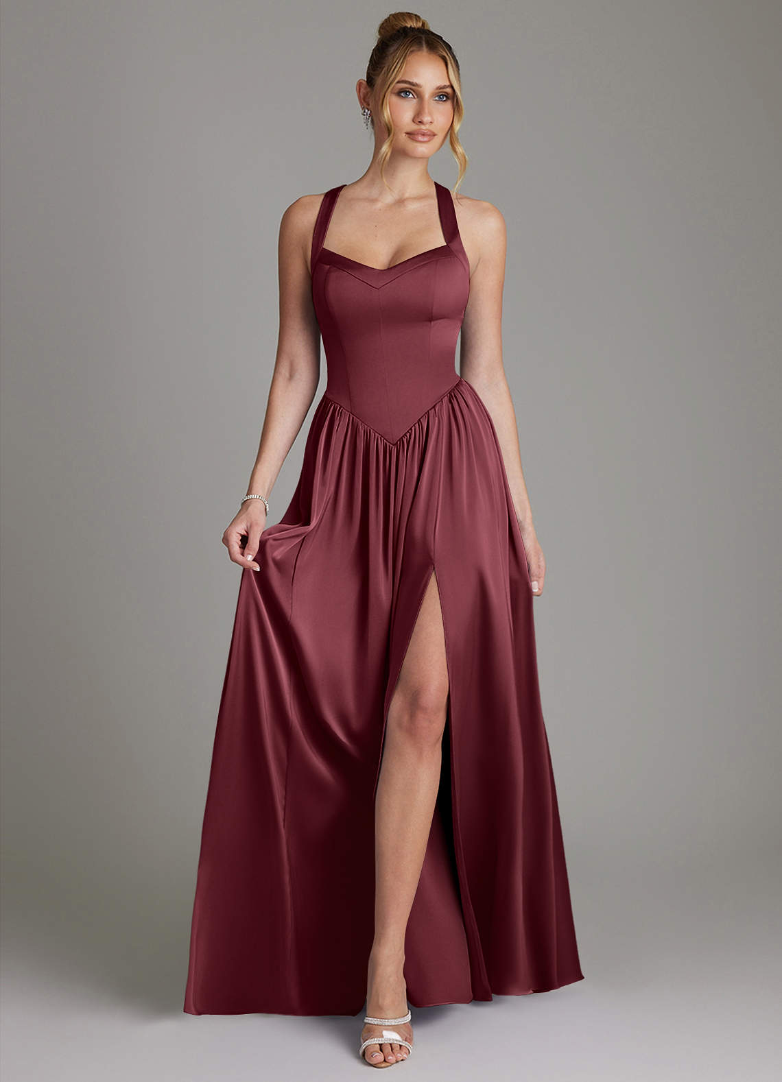 Francis A-Line V-Neck Stretch Satin Bridesmaid Dress in Merlot