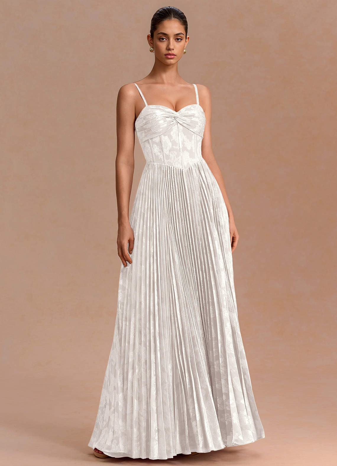 Delfina A-Line Twisted-Bust Fil Coupé Evening Dress in White