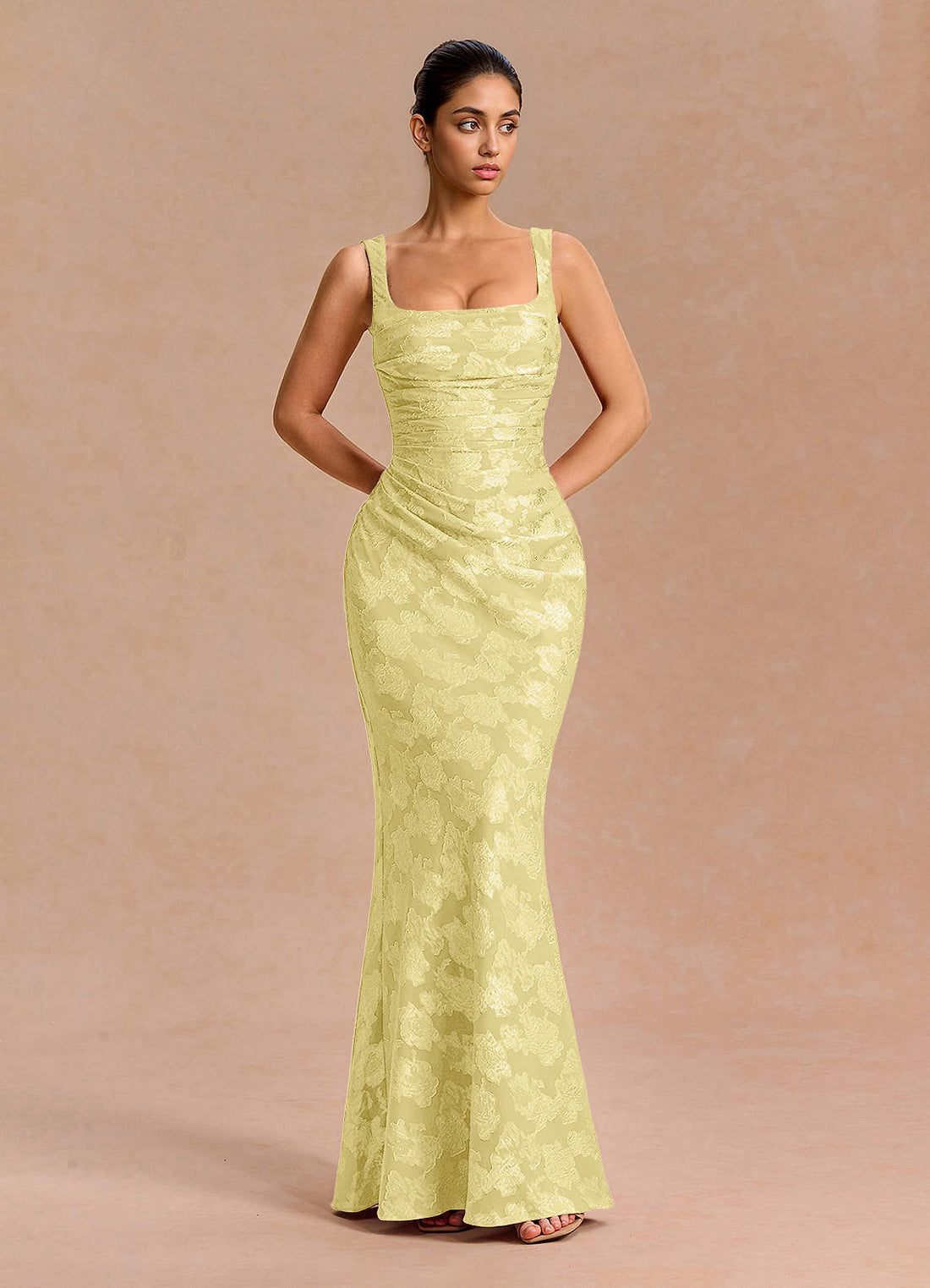 Agustina Square-Neck Pleated Fil Coupé Evening Dress in Lemon Sorbet