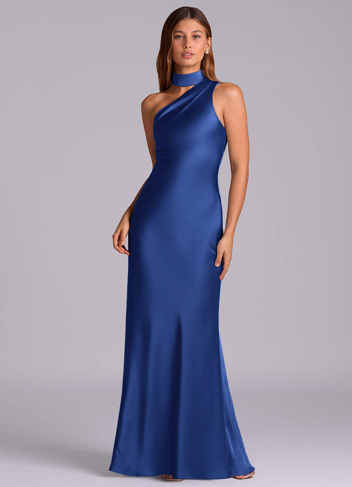 Seona Mermaid One-Shoulder Stretch Satin and Tulle Bridesmaid Dress in Royal Blue