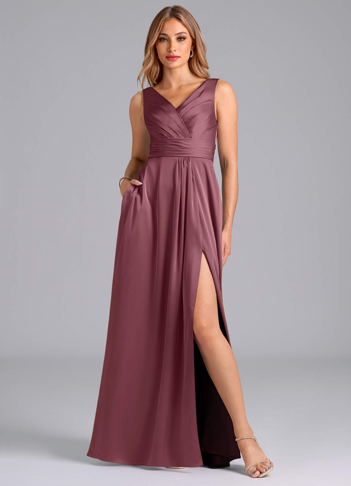 Karina A-Line V-Neck Stretch Satin Bridesmaid Dress in Desert Rose