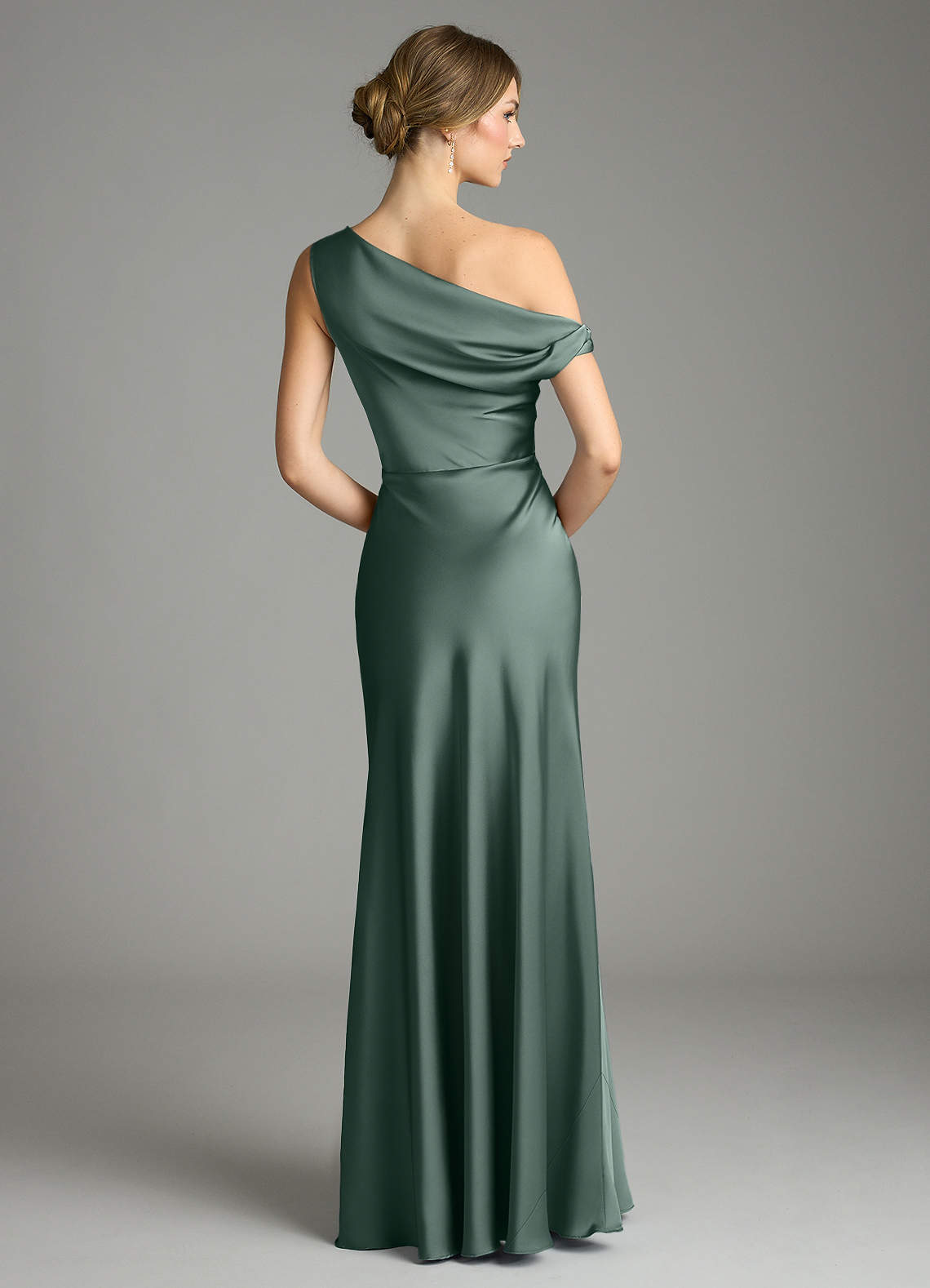 Emerson Mermaid One-Shoulder Stretch Satin Bridesmaid Dress in Sea Moss