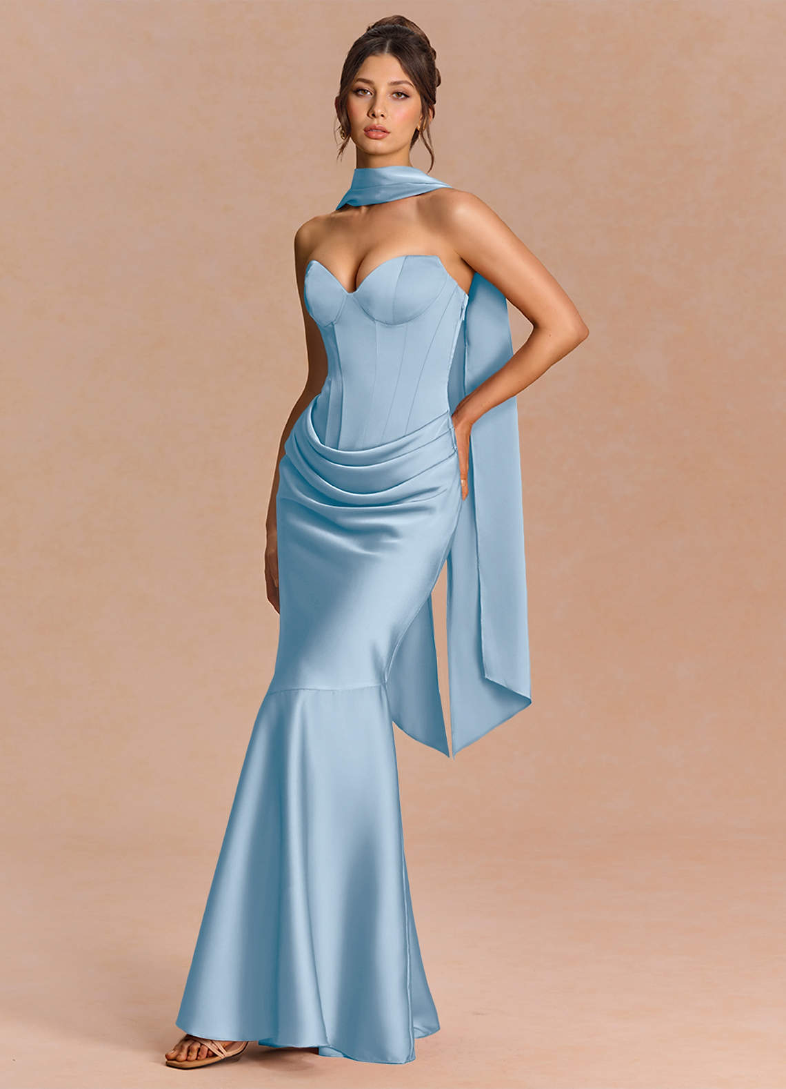 Euphemia Mermaid Strapless Stretch Satin Evening Dress in Haze blue