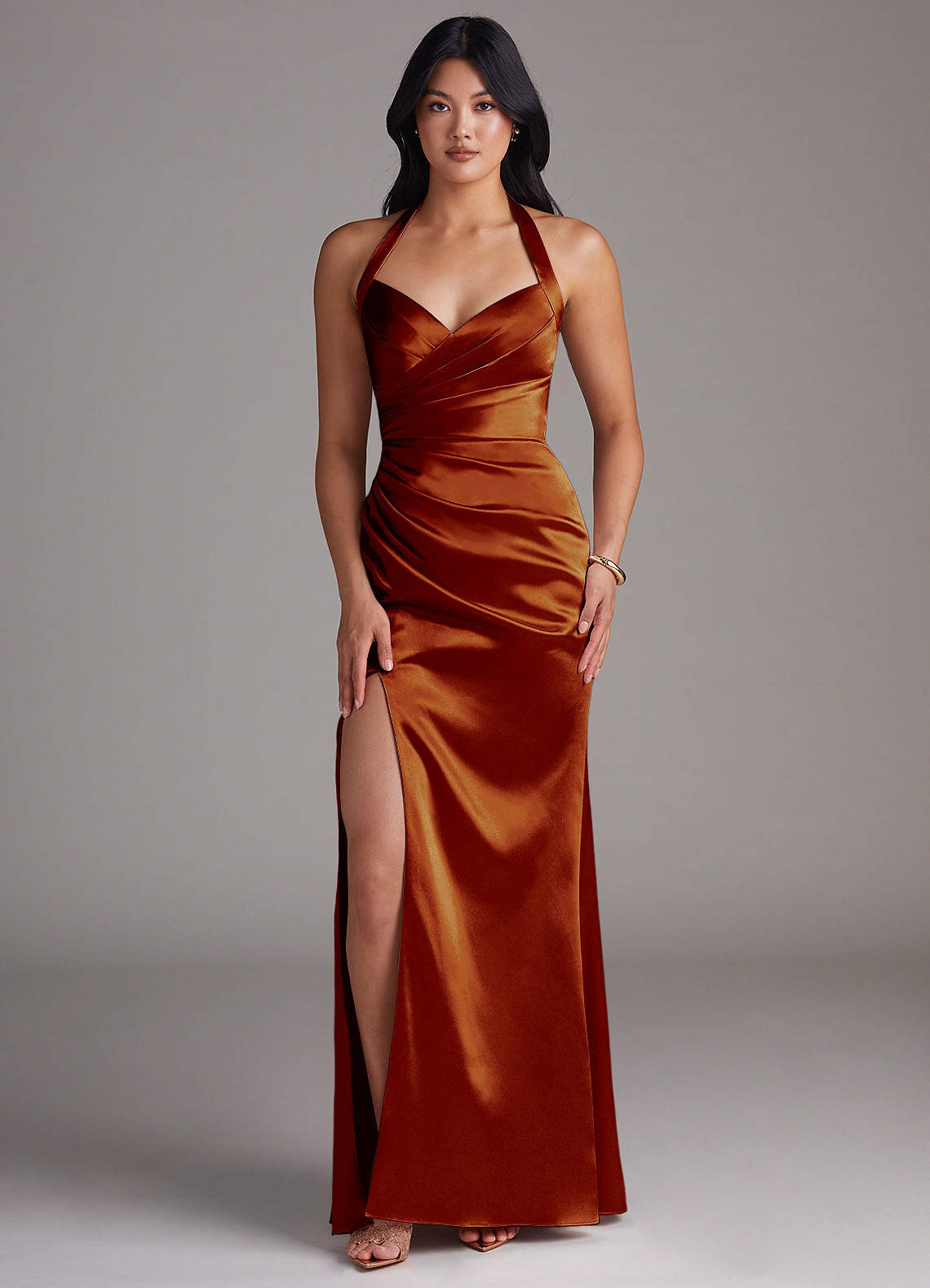 Emeria Sheath Halter Metallic Satin Bridesmaid Dress in Auburn