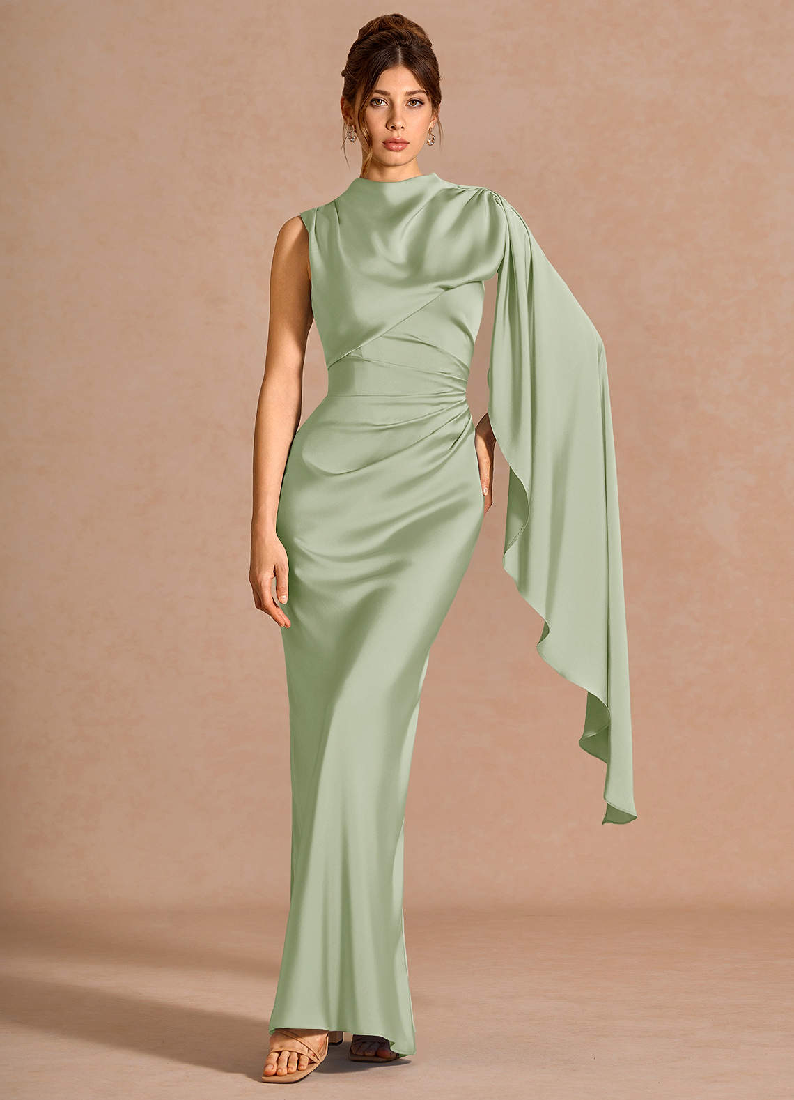 Chesney Cape-Sleeve Pleated Stretch Satin Wedding Guest Dress in Light Green