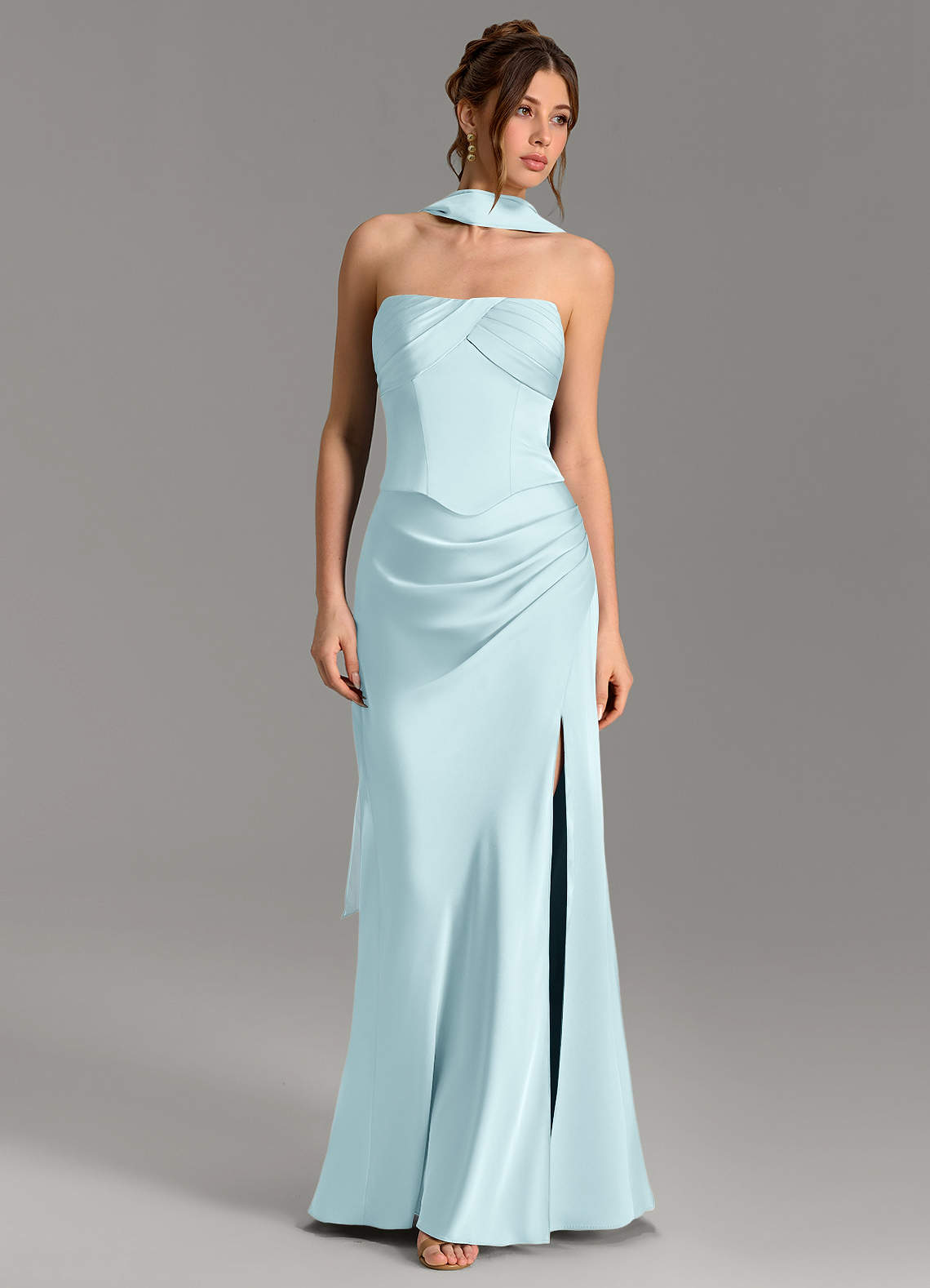 Nicki Sheath Scoop-Neck Stretch Satin Bridesmaid Dress in Cloud Blue