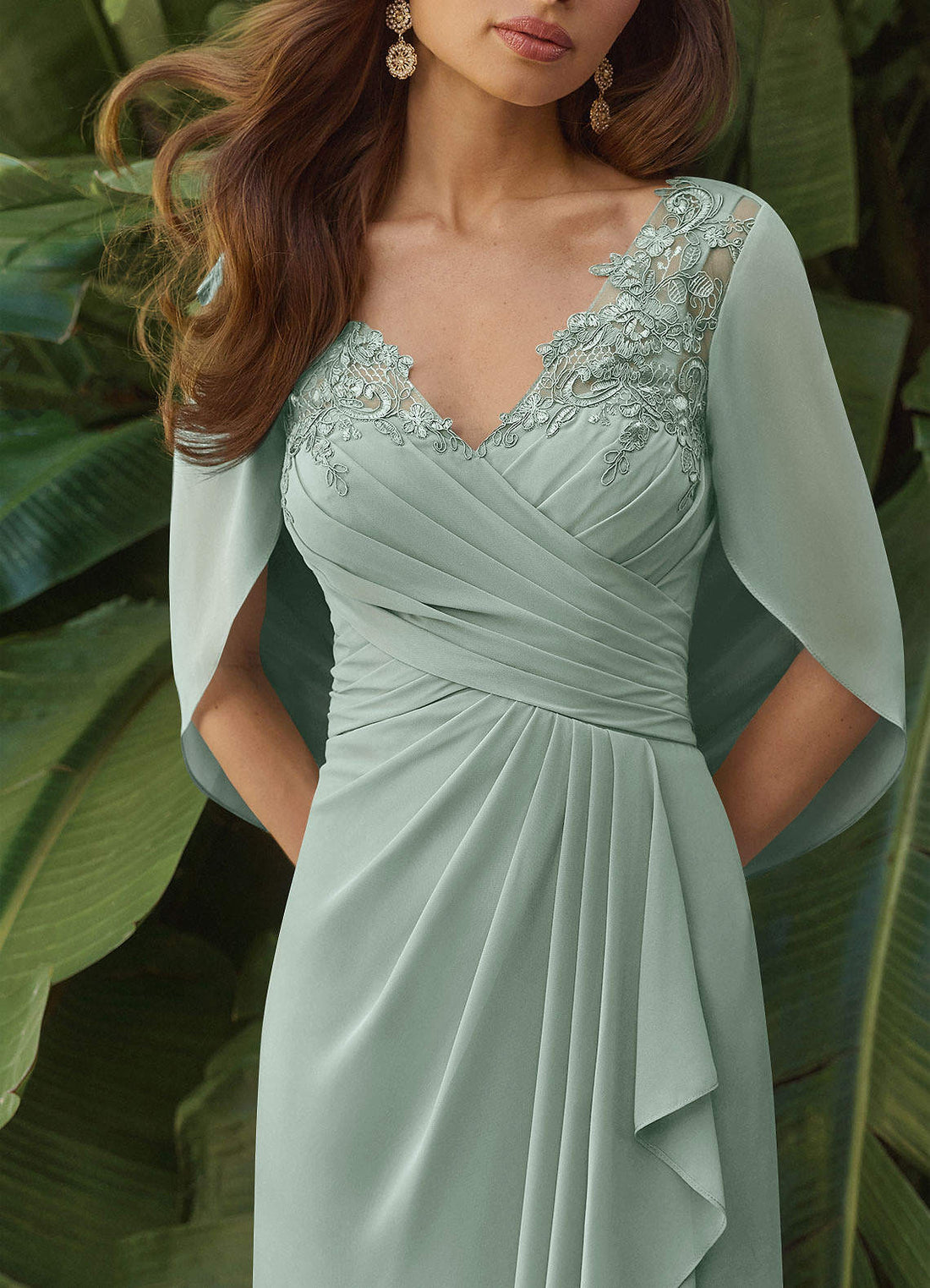 Santa Clara A-Line V-Neck Chiffon and Lace Mother of the Bride Dress in Agave