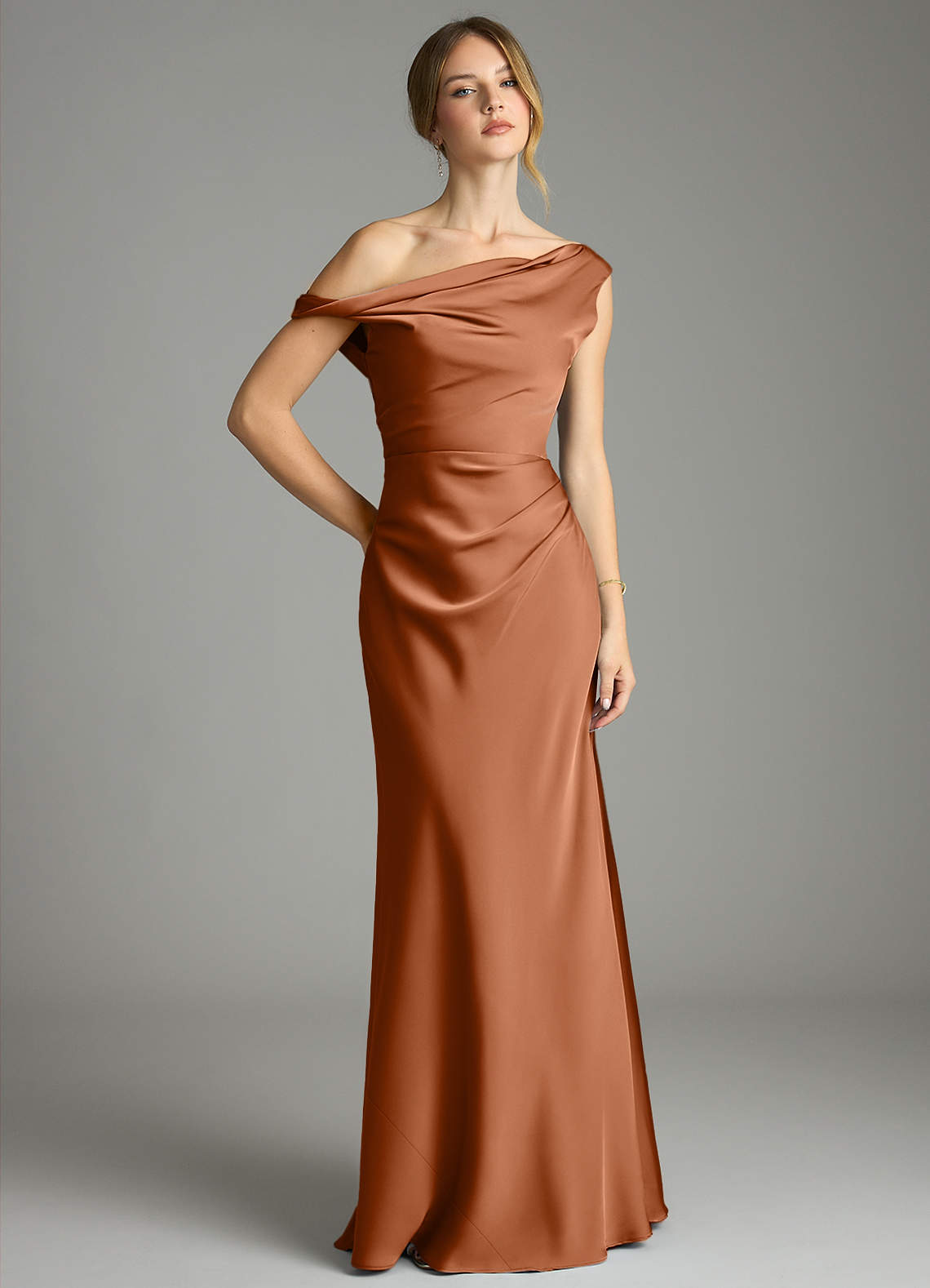 Emerson Mermaid One-Shoulder Stretch Satin Bridesmaid Dress in Copper
