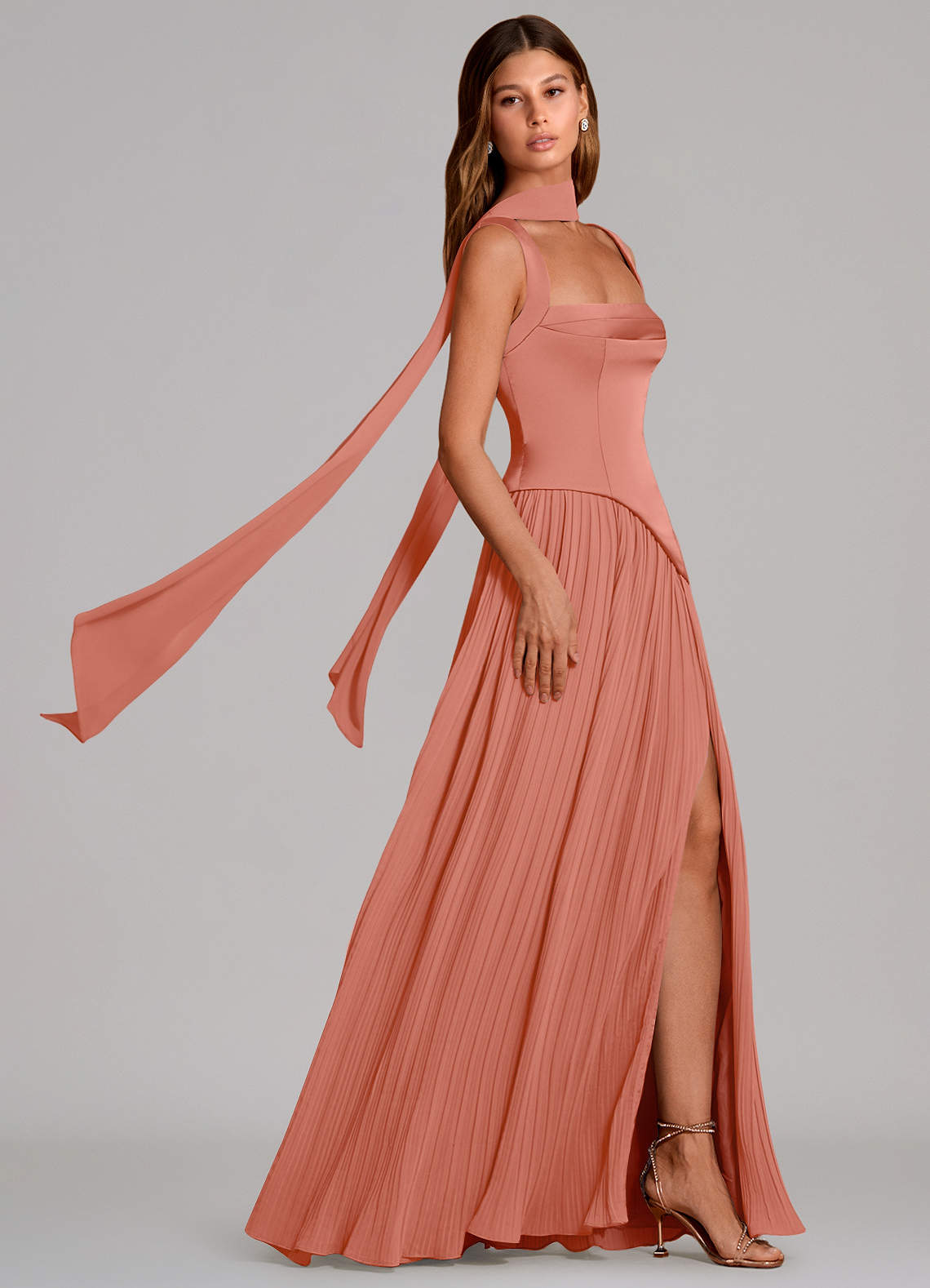Stephanie A-Line Square-Neck Stretch Satin and Chiffon Bridesmaid Dress in Salmon Pink