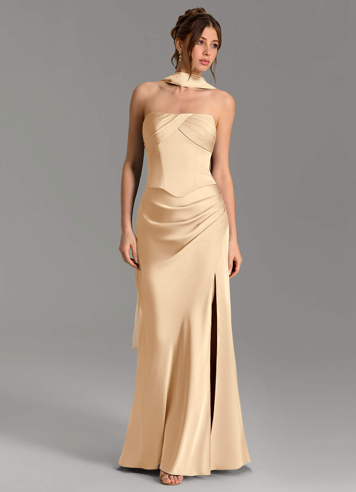 Nicki Sheath Scoop-Neck Stretch Satin Bridesmaid Dress in Champagne