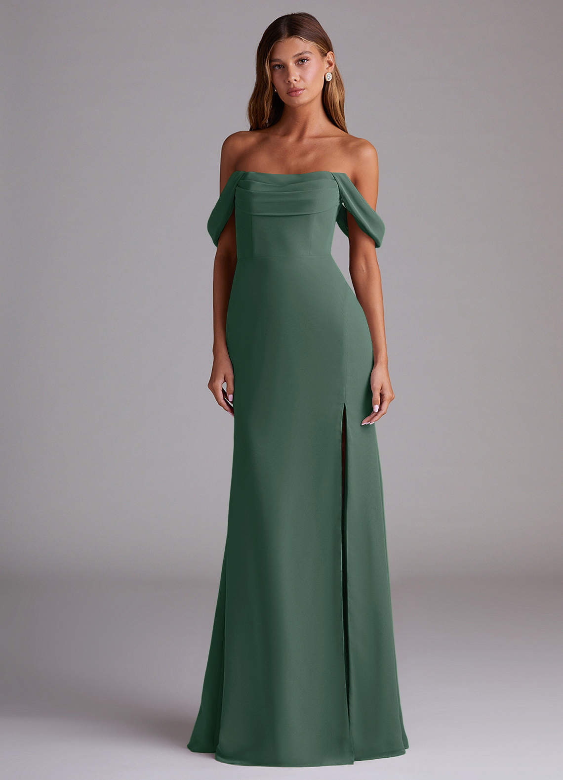 Saige A-Line Off-the-Shoulder Chiffon Bridesmaid Dress in Sea Moss