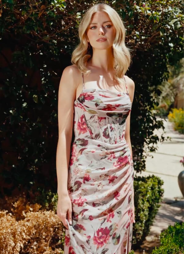 Aurra A-Line Pleated Floral Chiffon Wedding Guest Dress in Mauve Multi