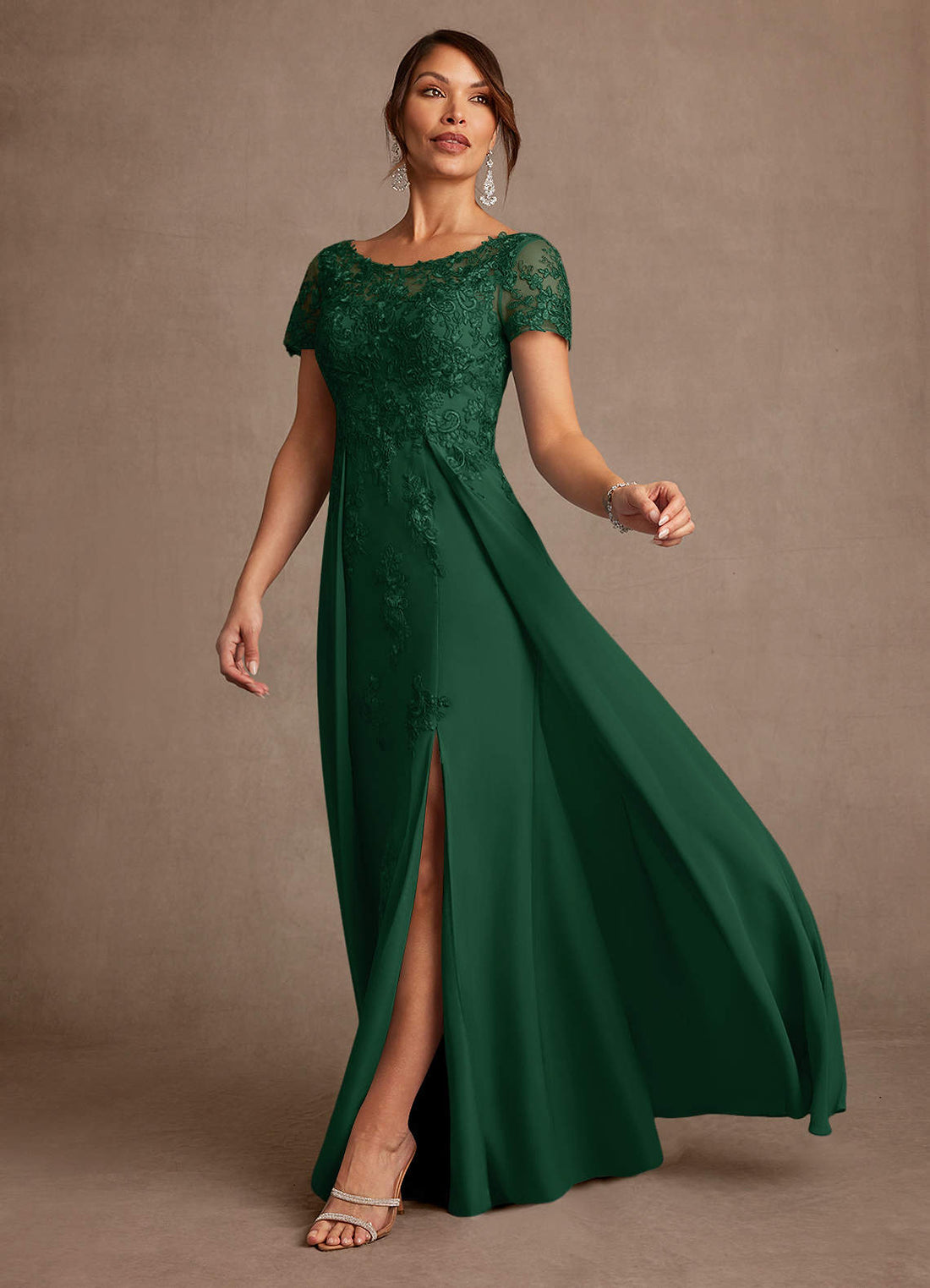 Alva A-Line Scoop-Neck Chiffon and Lace Mother of the Bride Dress in Dark Green