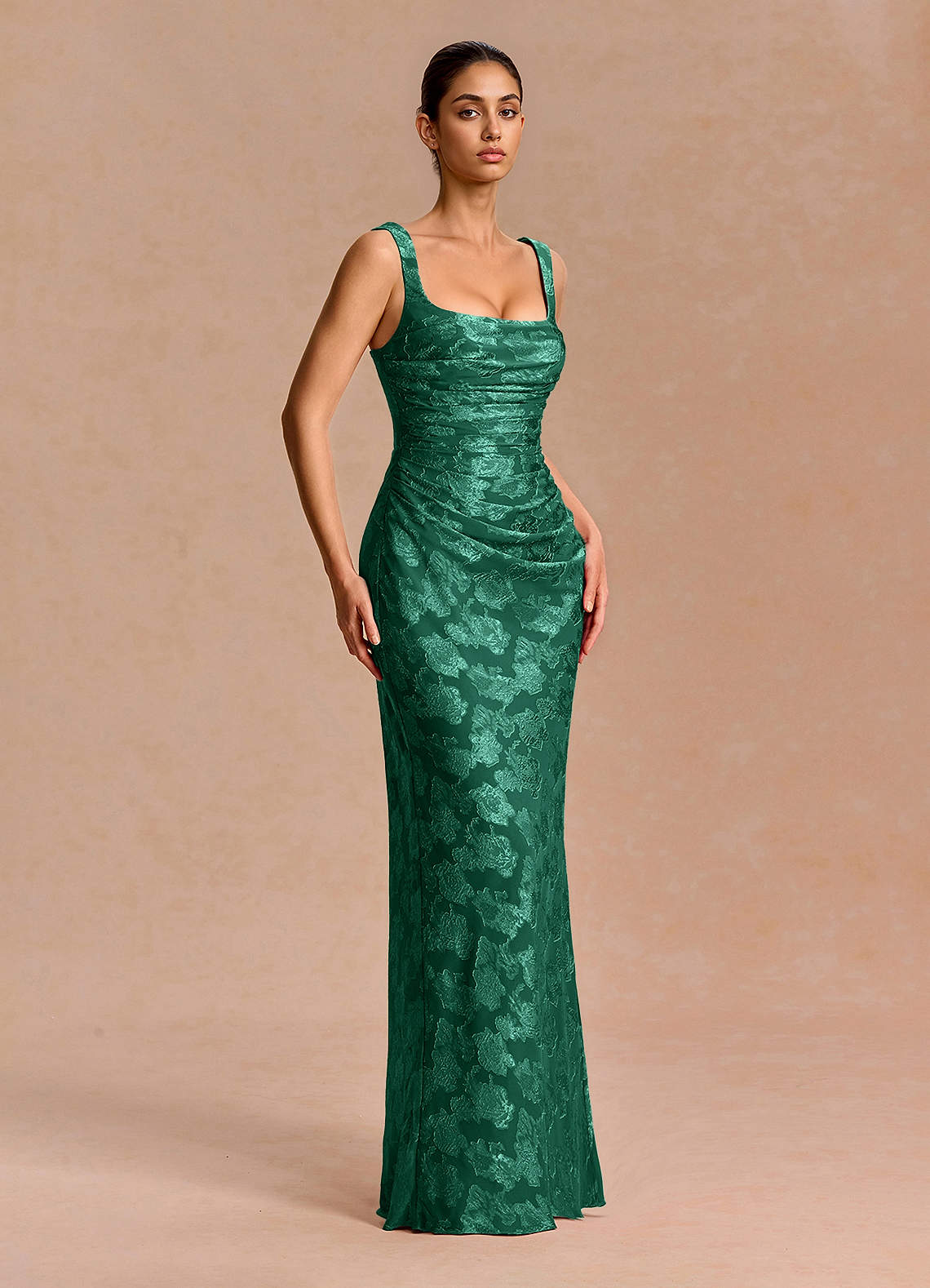 Agustina Square-Neck Pleated Fil Coupé Evening Dress in Hunter Green