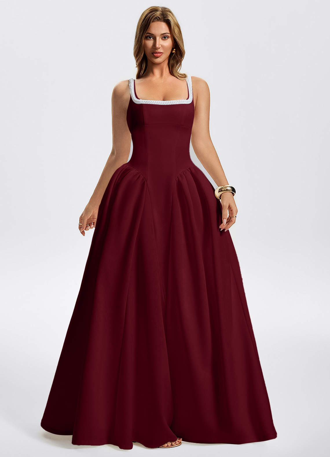 Kaelin A-Line Square-Neck Stretch Knit Evening Dress in Burgundy