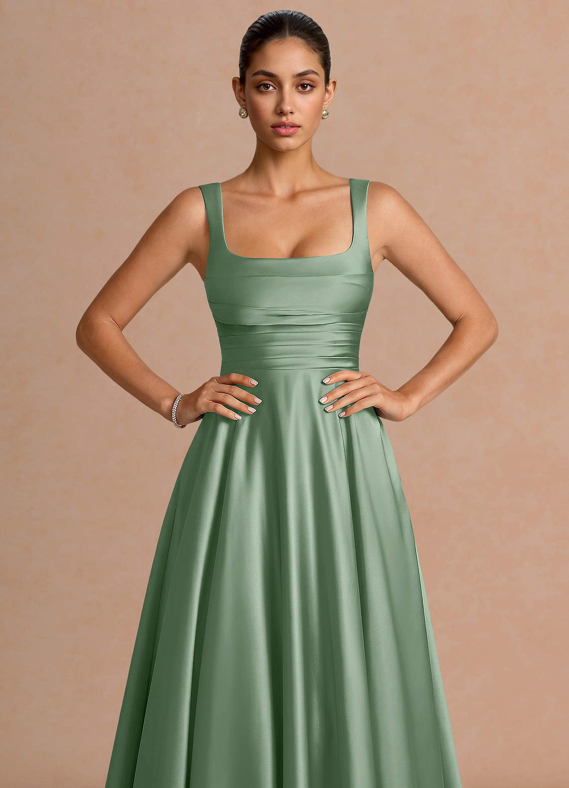 Azaria A-Line Square-Neck Stretch Satin Wedding Guest Dress in Aloe Green