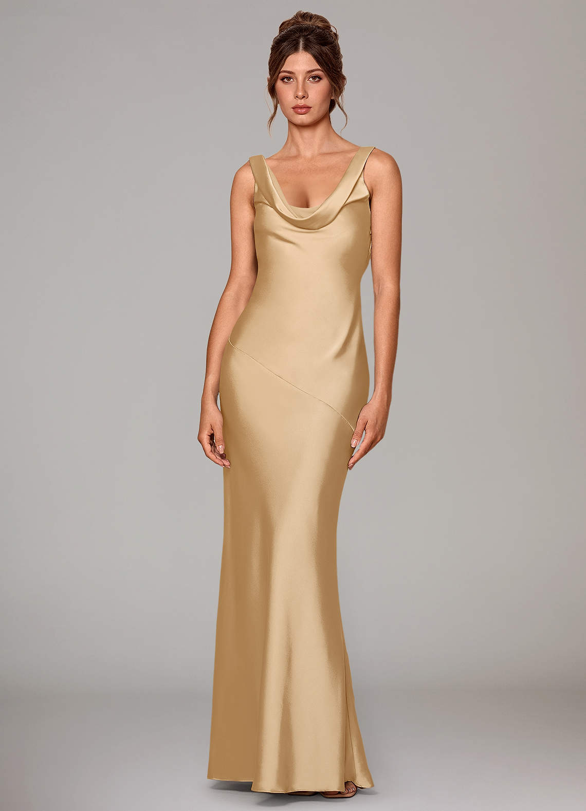 Rylina Mermaid Cowl-Neck Stretch Satin Bridesmaid Dress in Gold