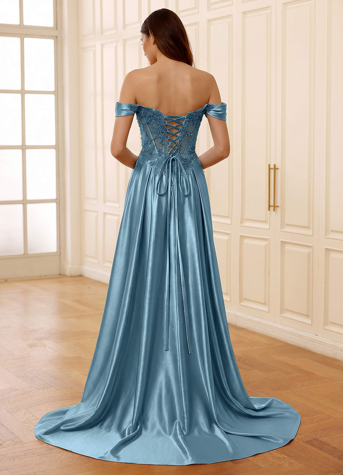 Rowane A-Line Off-the-Shoulder Satin Evening Dress in dusty blue