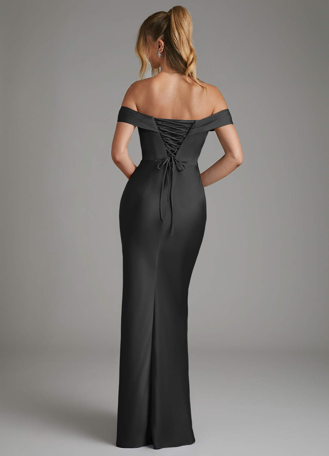 Hayden Mermaid Off-the-Shoulder Stretch Satin Bridesmaid Dress in black